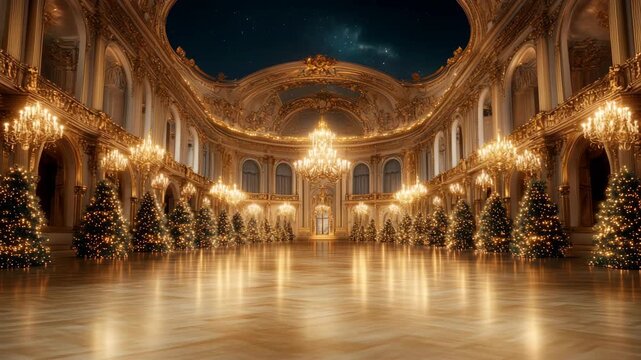 Grand ballroom with glowing Christmas trees and chandeliers under a starry night sky. Luxury, magic, elegance. Festive holiday gala, fairytale dream. Ideal for event backgrounds, royal themes. - Powered by Adobe