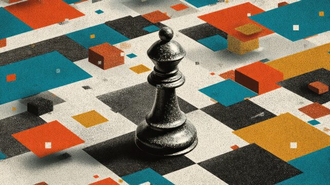 Fototapeta A black queen chess piece stands on a textured, abstract chessboard with colorful, three-dimensional blocks scattered across its surface.  
