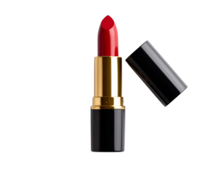 Red Lipstick in Black and Gold Casing, Top-Down View, Isolated on White Background