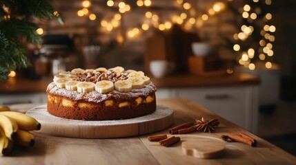 Fototapeta premium Delicious homemade banana cake with decorations and warm lights