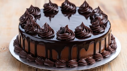 Decadent Chocolate Cake with Glossy Ganache Topping and Swirls