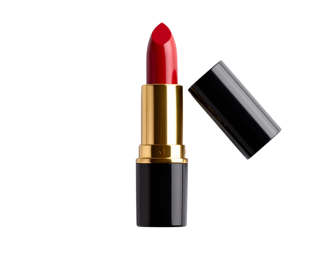 Red Lipstick in Black and Gold Casing, Top-Down View, Isolated on White Background