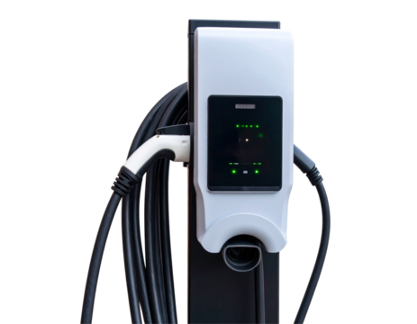 Compact EV Charging Unit with Coiled Cable, Angled Perspective, Isolated on White - Powered by Adobe