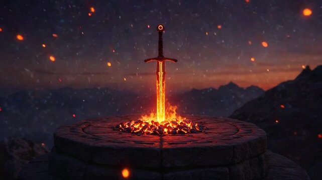 Sword Immersed in Embers on Stone Altar with Mountain Backdrop