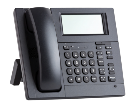 Modern Office Desk Phone with Digital Display, front view, isolated on transparent background