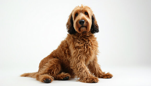 Seated Brown Curly-Haired Dog on White Background