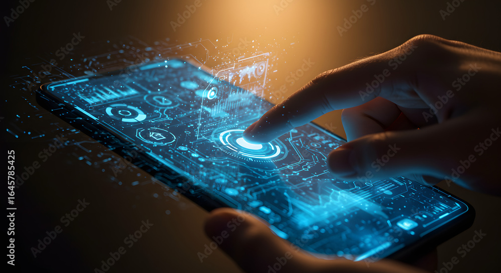 Poster experience the future of technology as a finger interacts with a vibrant holographic interface displ