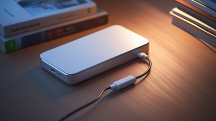 机上の白いモバイルバッテリー