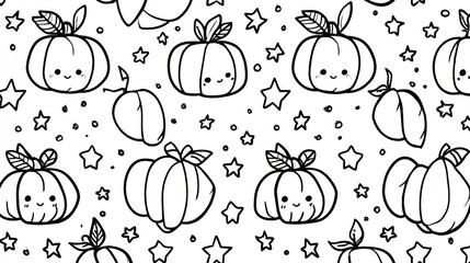 Kawaii pumpkins and stars pattern in black & white, perfect for coloring pages
