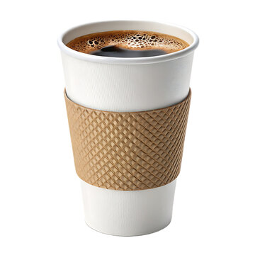 Ai generated image of a steaming cup of black coffee with foam in a white paper cup with a brown textured sleeve, isolated on a transparent background, perfect for a morning energy boost