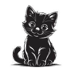 Adorable Sitting Black Kitten Vector Illustration with Paw Prints