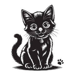 Adorable Sitting Black Kitten Vector Illustration with Paw Prints