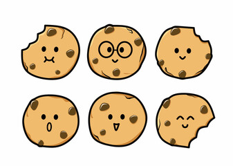 Cute chocolate chip cookie icons illustration with various kawaii facial expressions including happy, surprised, smiling, and biting designs for adorable bakery and dessert themed graphics