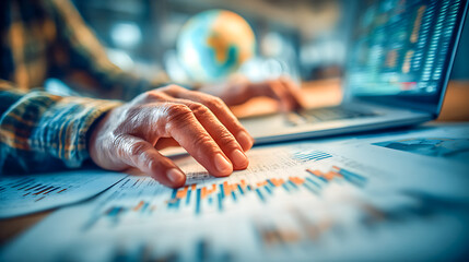 Businessman analyzing financial data and using laptop computer