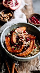 Enjoy a delicious quinoa salad featuring roasted squash, pomegranate seeds, and nuts. This autumn-inspired dish brings warmth and comfort to any meal on a cool day