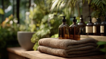Two amber glass pump bottles on folded towels with blurred green plants in the background, evoking a calm spa or natural wellness setting.
