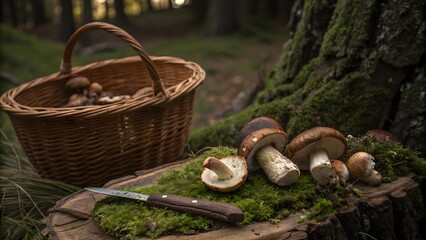 Freshly foraged boletus mushrooms and a wicker basket with a knife on mossy forest floor