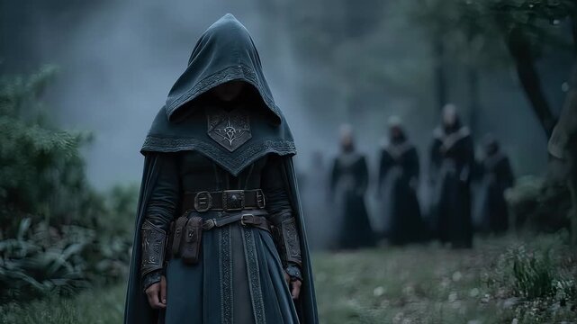 Mysterious hooded figure in dark cloak walking through foggy forest with group in background