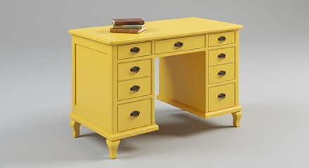 Yellow Wooden Desk with Drawers and Books, Home Office Furniture