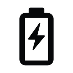 Minimalist black and white full battery icon with lightning bolt symbol, centered on white background. Simple, high-charge symbol in flat design, ideal for digital or technical concepts.