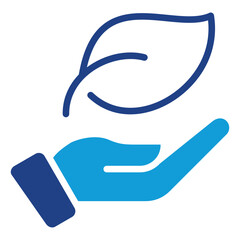 Eco Care Glyph Blue Silhouette Icon Design Vector - hand gently holding a leaf, representing environmental care, protection, and ecological responsibility