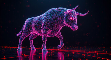 Digital rendering of a bull with glowing red eyes, constructed from a network of interconnected lines and points.
