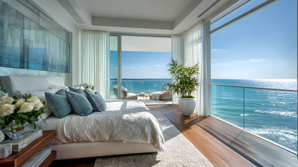 luxury oceanfront bedroom, luxury waterfront modern home features a contemporary master bedroom with private balcony and ocean views, ideal for opulent seaside living