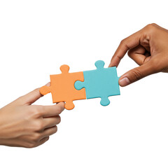Two distinct hands collaboratively connect vibrant orange and blue puzzle pieces, symbolizing unity, partnership, and the successful completion of a shared objective against a dark background.