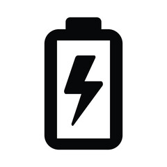 Minimalist black and white full battery icon with lightning bolt symbol, centered on white background. Simple, high-charge symbol in flat design, ideal for digital or technical concepts.