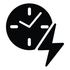 Minimalist black clock icon with lightning bolt, symbolizing time and energy. High-contrast black-and-white design, overhead view, flat style, clean lines, no shading or gradients.