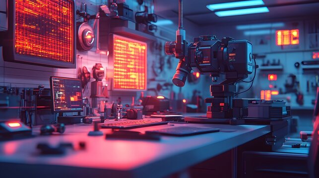 A complex futuristic workstation featu various monitors displaying data and a high-tech camera system, illuminated by neon lights in a dimly lit laboratory.