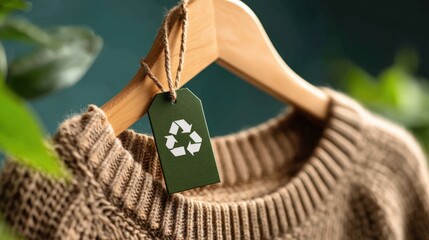Cozy brown knitted sweater on a wooden hanger with a green recycling tag, symbolizing sustainable and eco-friendly fashion.