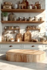 A round wooden cutting board sits on a kitchen counter, with shelves of jars, spices, and kitchenware softly blurred in the warm background.