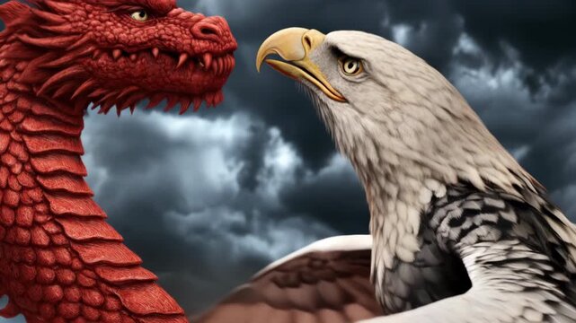 Fierce Red Dragon and Majestic Eagle Confrontation in Stormy Sky Fantasy Showdown of Power