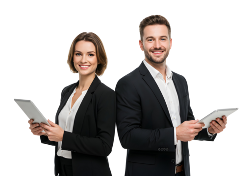 Professional business team holding tablets. smiling man and woman on a white or transparent background.