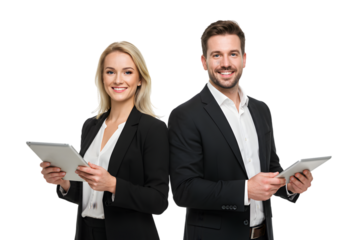 Professional business team holding tablets. smiling man and woman on a white or transparent background.