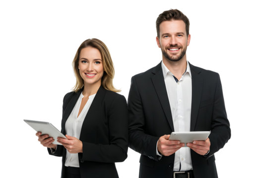 Professional business team holding tablets. smiling man and woman on a white or transparent background.