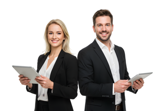 Professional business team holding tablets. smiling man and woman on a white or transparent background.