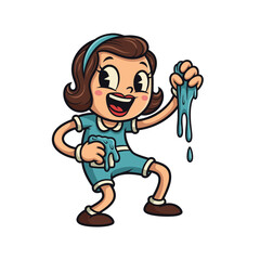 Joyful Person Playing with Teal Slime Retro Cartoon Illustration