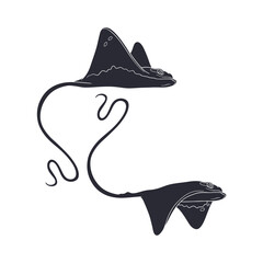 Cartoon style stingray swimming in ocean amongst seaweed silhouette hand drawn vector illustration © akini