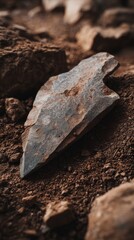 Fototapeta premium Close-up of prehistoric stone tool resting on dirt, weathered surface, fine detail, archaeological context
