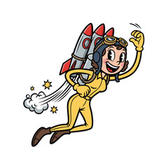 Naklejka premium Person Soaring with Rocket Backpack in Retro Cartoon Style
