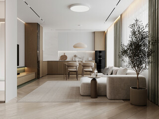 Modern open-concept living room and kitchen interior with neutral tones, wooden finishes, and soft ambient lighting.