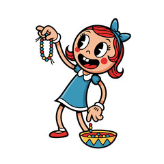 Playful Cartoon Girl with Beaded Necklace and Bowl of Beads