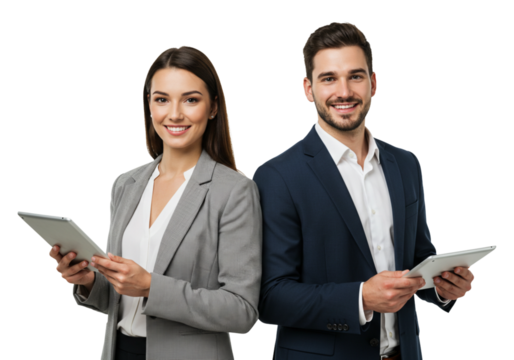 Professional business team holding tablets. smiling man and woman on a white or transparent background. - Powered by Adobe