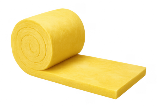 Yellow fiberglass insulation roll partially unrolled on transparent background
