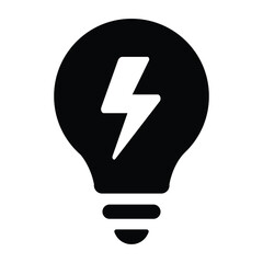 Minimal black and white light bulb illustration with lightning bolt inside, symbolizing creativity, innovation, and inspiration. Simple, iconic design perfect for logos or idea concepts.