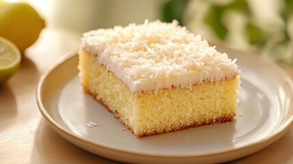 Delicious Coconut Cake Slice with Creamy Frosting on a Plate
