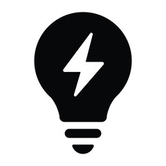 Minimal black and white light bulb illustration with lightning bolt inside, symbolizing creativity, innovation, and inspiration. Simple, iconic design perfect for logos or idea concepts.