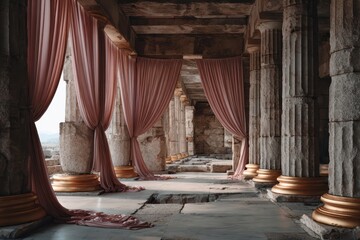 Stone pillars and soft pink curtains create a majestic scene. Use this image to show elegance, history, or ancient beauty.